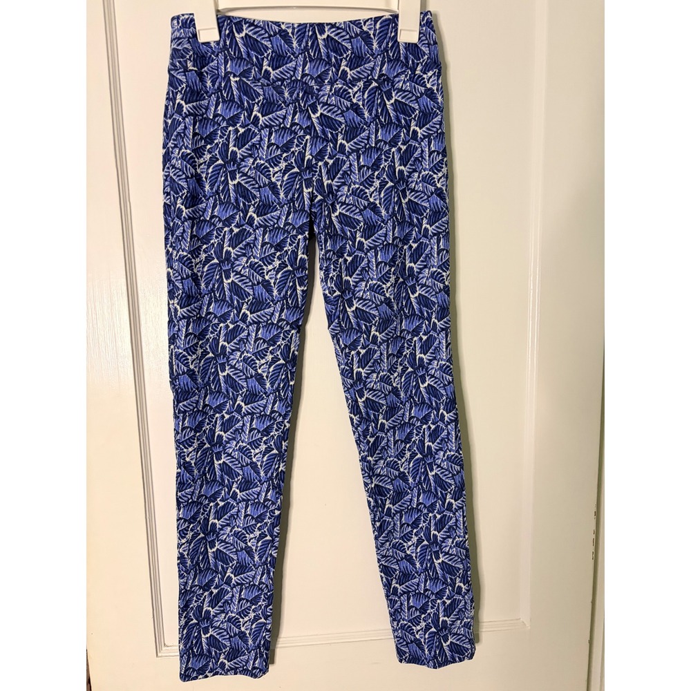 Elliott Lauren Blue White Leaf Print Ankle Pants Slim Fit Stretch Size 4 USA